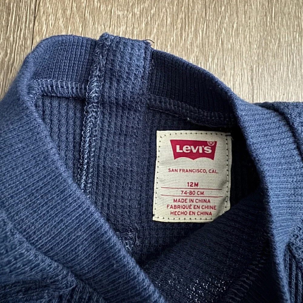 Levi's Thermal Coverall Boys 12M Navy Blue Waffle Knit Logo Romper